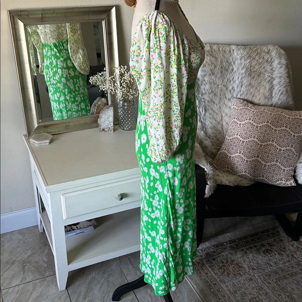 Rixo X target Vtg 70’s green floral spring puff balloon sleeve midi dress S/M 4 - Picture 8 of 11